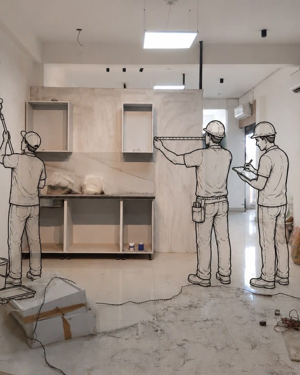 A site visit in progress, measuring and marking up a space being fitted out